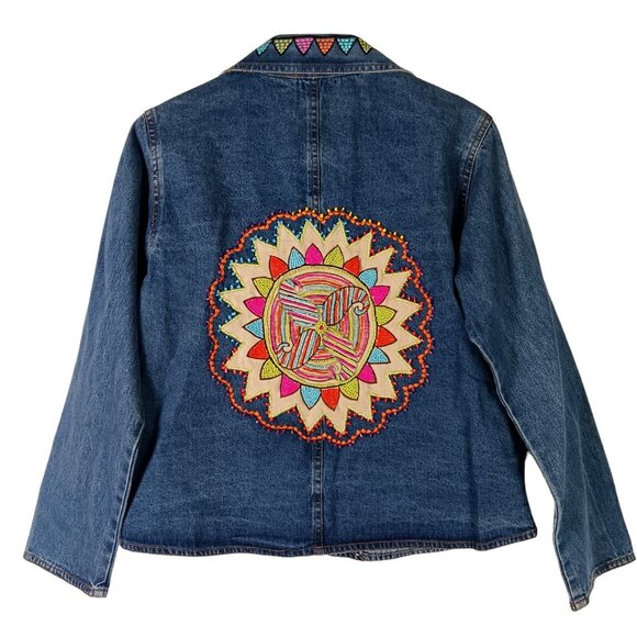 Art to Wear Jean Jacket Womens S Blue Embroidered Floral Beaded Boho Denim - Picture 3 of 13